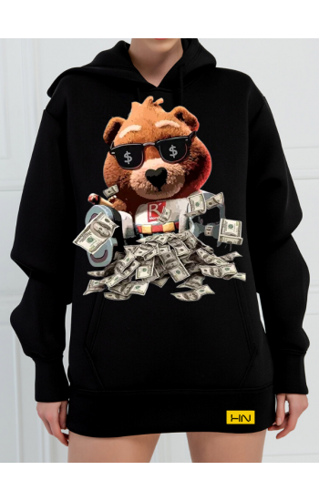 Ayıcık ve Dolar  Baskılı 3 İplik Kadın Sweatshirt Siyah…