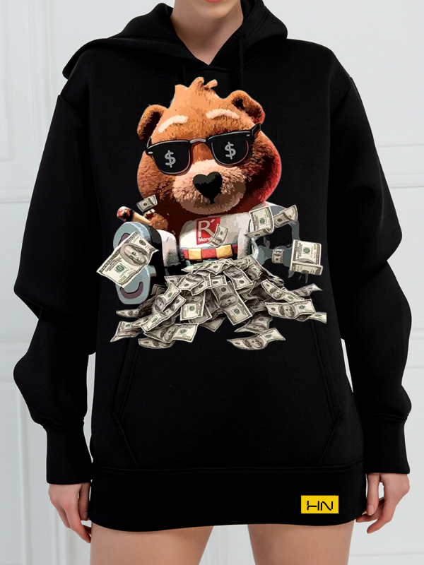 Ayıcık ve Dolar  Baskılı 3 İplik Kadın Sweatshirt Siyah…