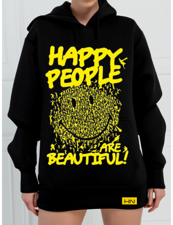 Happy People Baskılı 3 İplik Kadın Sweatshirt Siyah