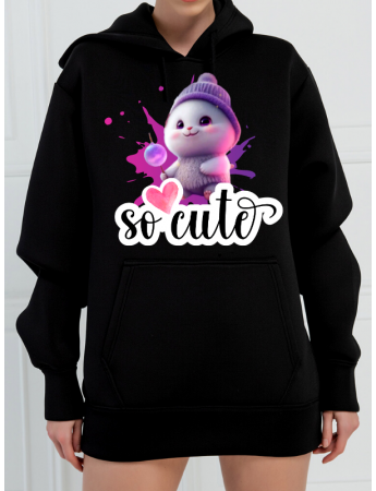 So Cute Baskılı 3 İplik Kadın Sweatshirt Siyah