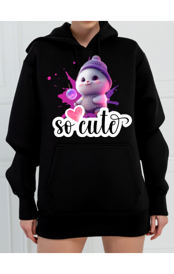 So Cute Baskılı 3 İplik Kadın Sweatshirt Siyah…