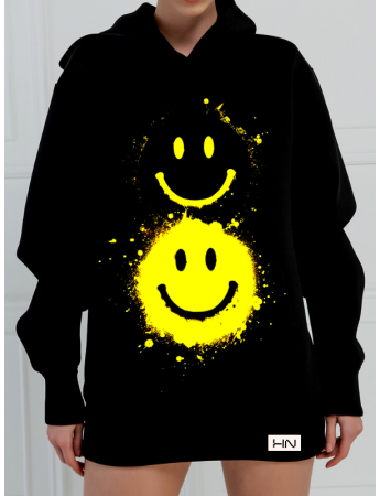 Karanlık ve Sarı Emoji 3 İplik Kadın Sweatshirt Siyah