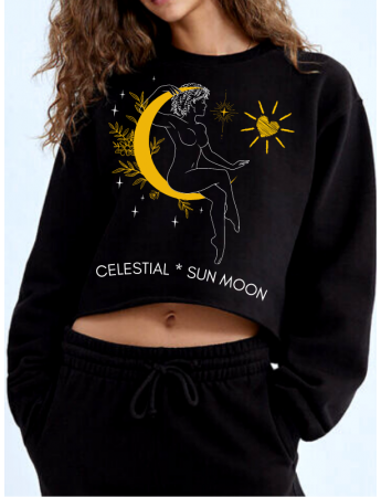 Celestial Sun Moon Baskılı Kadın Crop Sweatshirt