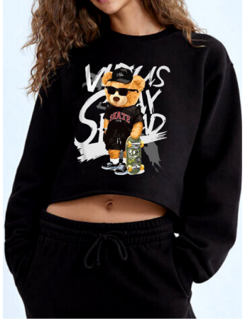 Ayıcık Baskılı Kadın Crop Sweatshirt