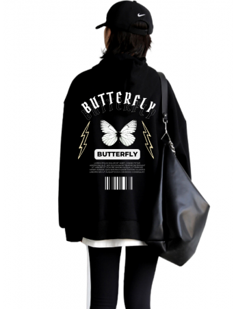 Butterfly Baskılı Kadin Sweatshirt Siyah 01