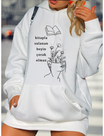 Kitap Baskılı Kadın Sweat Beyaz