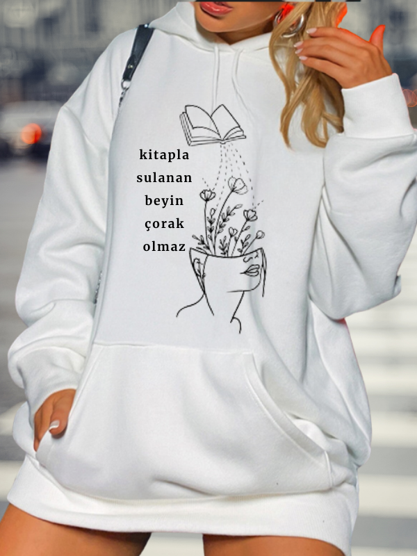 Kitap Baskılı Kadın Sweat Beyaz…