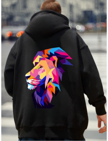 Aslan Figürlü Baskılı Erkek Sweatshirt Siyah