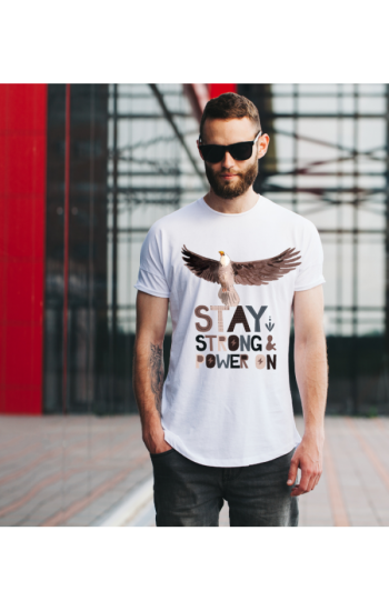 Kartal Stay Strong Power On Baskılı Erkek Tshirt - Beyaz…