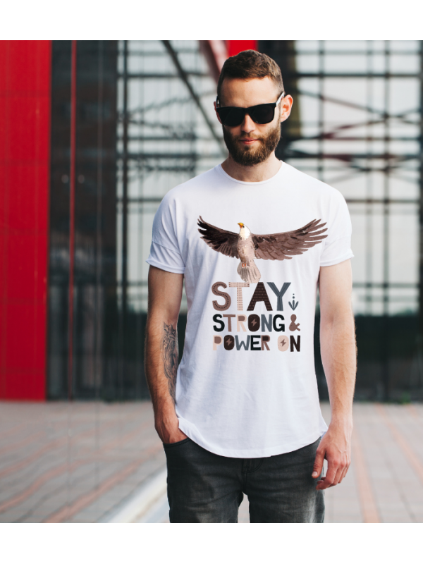 Kartal Stay Strong Power On Baskılı Erkek Tshirt - Beyaz…