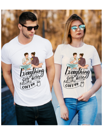 Everything Gets Better With Coffee Sevgili Kombini Tshirt - Beyaz