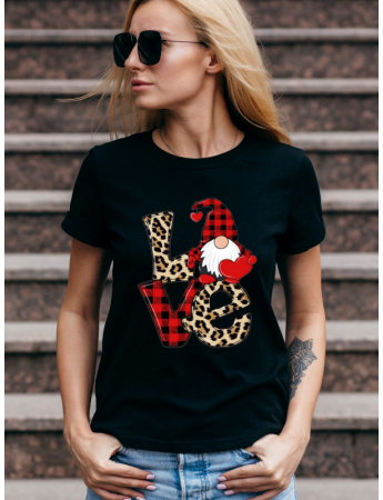 Kırmızı Leopar Love Baskılı Kadın Tshirt - Siyah