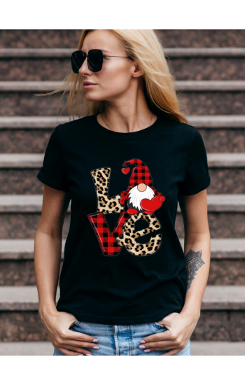 Kırmızı Leopar Love Baskılı Kadın Tshirt - Siyah…