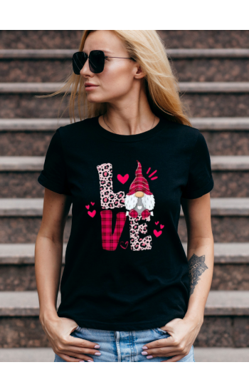 Pembe Leopar Love Baskılı Kadın Tshirt - Siyah…