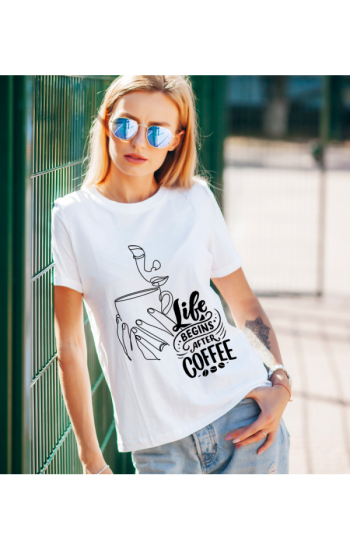 Life Begins After Coffe Baskılı Kadın Tshirt - Beyaz…