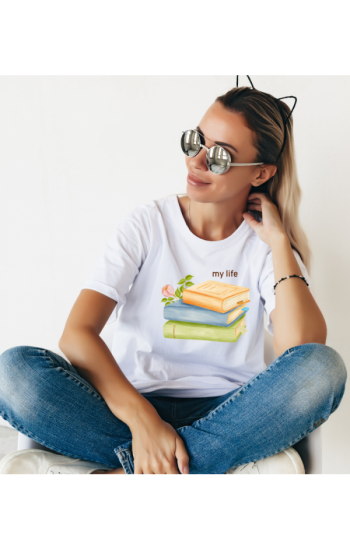 My Life Kitap Baskılı Kadın Tshirt - Beyaz 015…