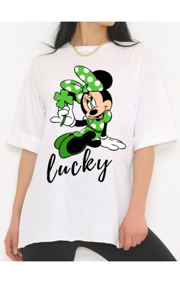 Lucky ve Mk Baskılı Kadın Tshirt - Beyaz…