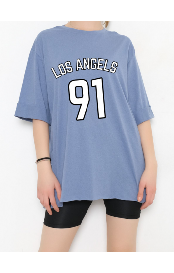 Yandan Yırtmaçlı Los Angels Baskılı Kadın T-Shirt Mavi…