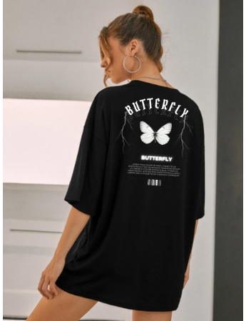 Butterfly Baskılı Kadın T-Shirt Syah