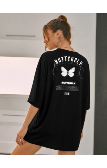 Butterfly Baskılı Kadın T-Shirt Syah…