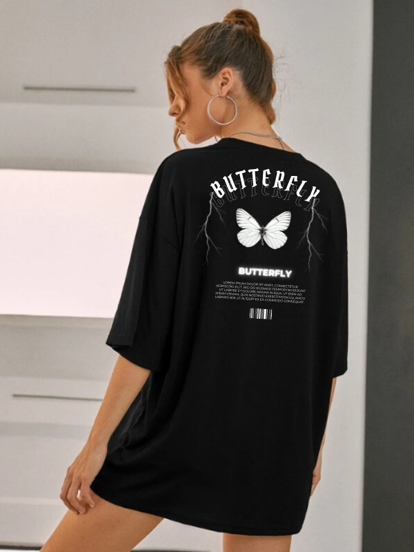 Butterfly Baskılı Kadın T-Shirt Syah…