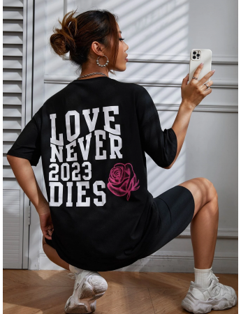 lover Never Baskılı Kadın T-Shirt Syah