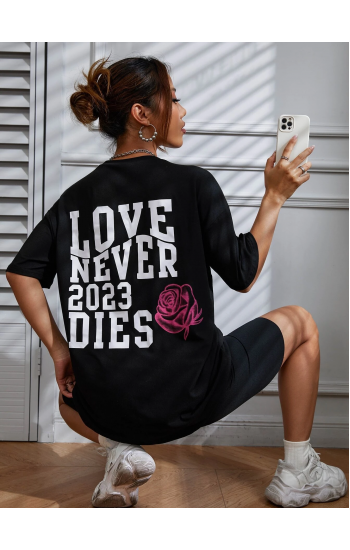 lover Never Baskılı Kadın T-Shirt Syah…