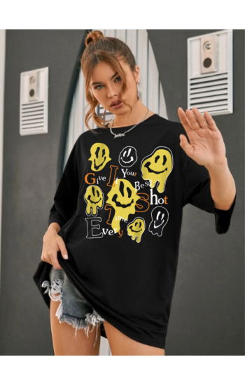 Emoji Baskılı Kadın T-Shirt Syah…