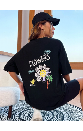 Flowers Baskılı Kadın T-Shirt Syah…