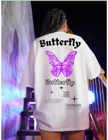 Butterfly Baskılı Kadın T-Shirt Beyaz