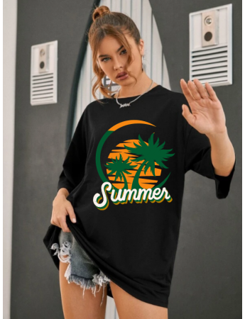 Summer Baskılı Kadın T-Shirt Syah