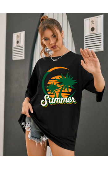 Summer Baskılı Kadın T-Shirt Syah…