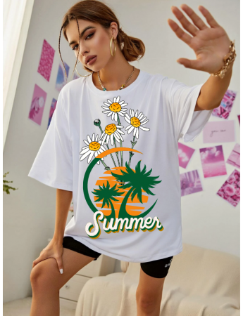 Summer Baskılı Kadın T-Shirt Beyaz