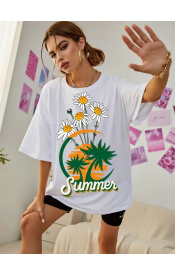 Summer Baskılı Kadın T-Shirt Beyaz…