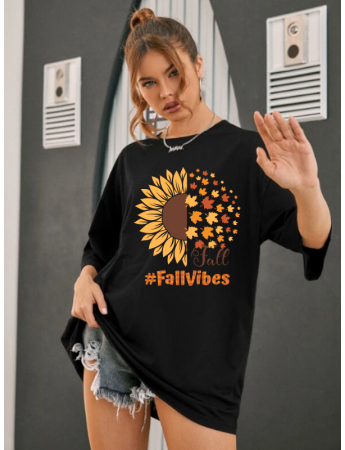 Fall Vibes Baskılı Kadın T-Shirt Syah