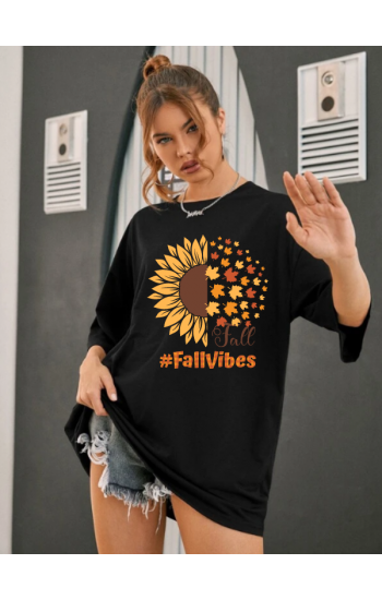 Fall Vibes Baskılı Kadın T-Shirt Syah…