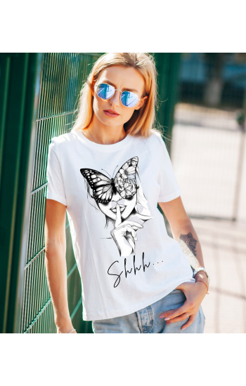 Kelebek ve Kadın Shhh Baskılı Beyaz Kadın T-shirt Tişört…