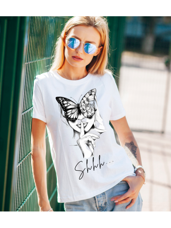 Kelebek ve Kadın Shhh Baskılı Beyaz Kadın T-shirt Tişört…