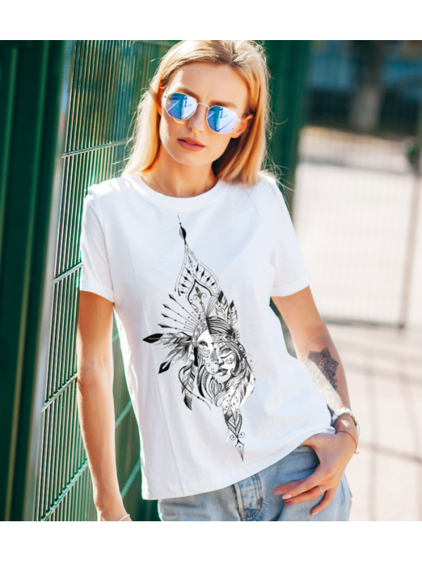 Aslan ve Kadın Baskılı Beyaz Kadın T-shirt Tişört 0116…