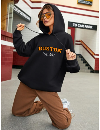 Boston Baskılı Kadın Sweatshirt Siyah