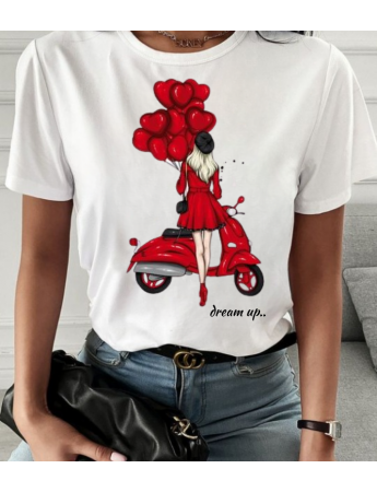 Kırmızı Balonlar Baskılı Kadın Beyaz Tshirt Tişört