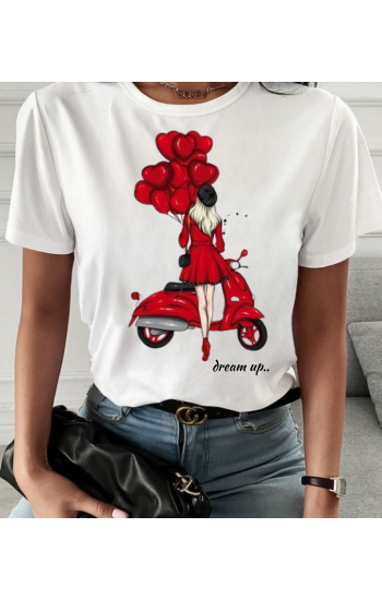 Kırmızı Balonlar Baskılı Kadın Beyaz Tshirt Tişört…