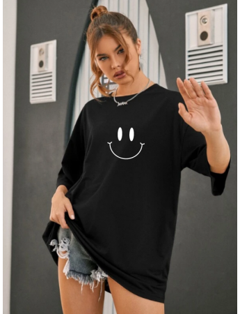 Gülücük Baskılı Oversize Kadın T-Shirt Siyah