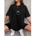 Gülücük Baskılı Oversize Kadın T-Shirt Siyah