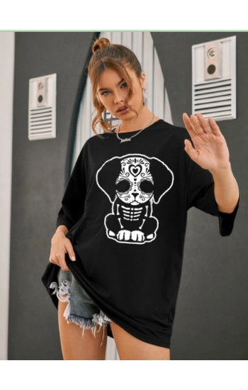 Köpek Baskılı Kadın Siyah Tshirt Tişört…