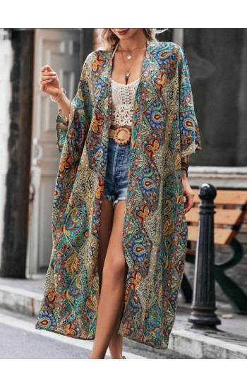 Kadın Etnik Desen Salaş Maxi Kimono Desenli…