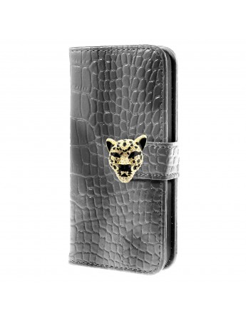 iPhone 4s Leopar Taşlı Cüzdanlı Kılıf Gri